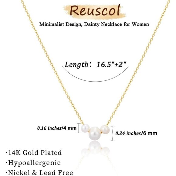 Women's 3 Gold Pearl Necklace 14k Gold Plated Dainty Pearl Necklace Choker - Picture 5 of 7